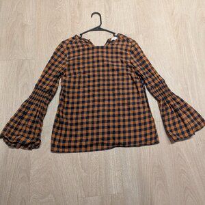 BEACH LUNCH LOUNGE Roberta Flannel Bell Sleeve Gingham Blouse